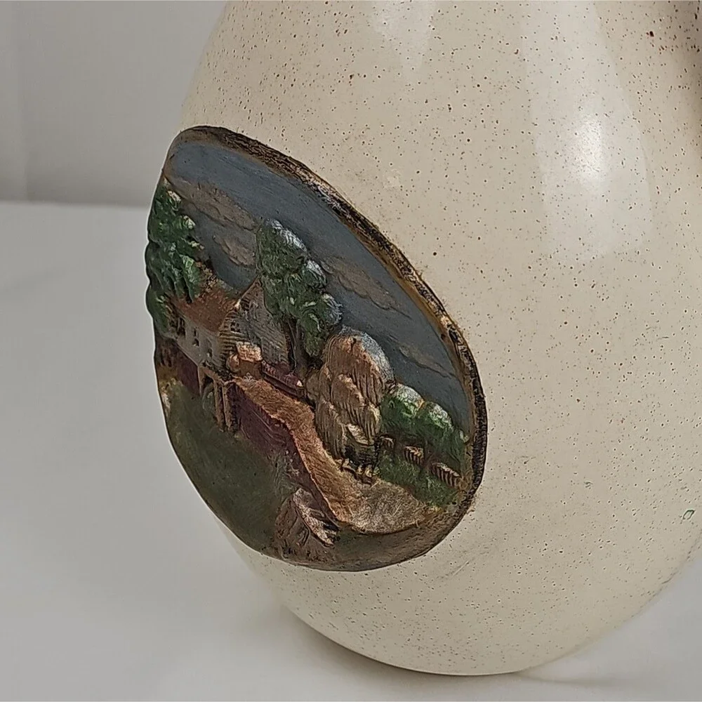 Vintage Speckled Ceramic Pitcher Farm Scene Relief Cream Rustic Country Decor